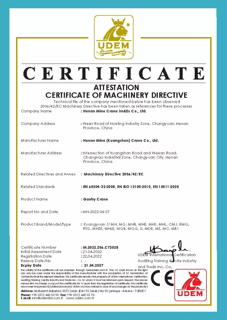 CE Certified Gantry Crane - 2006/42/EC Compliance - Henan Kuangshan